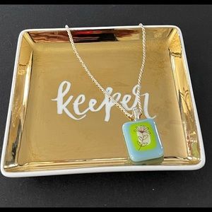 Fused Glass Pendant with Floral Outline Fused In Green Blue and White